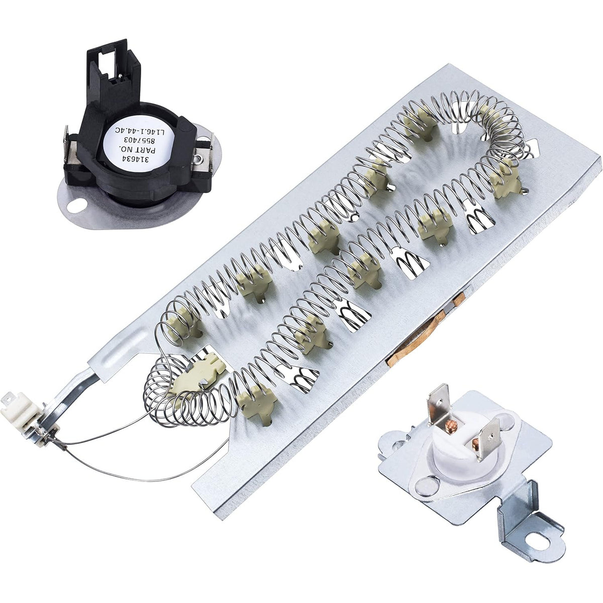 3387747 Dryer Heating Element and 280148 Thermal Cut-Off, product photo showing both components