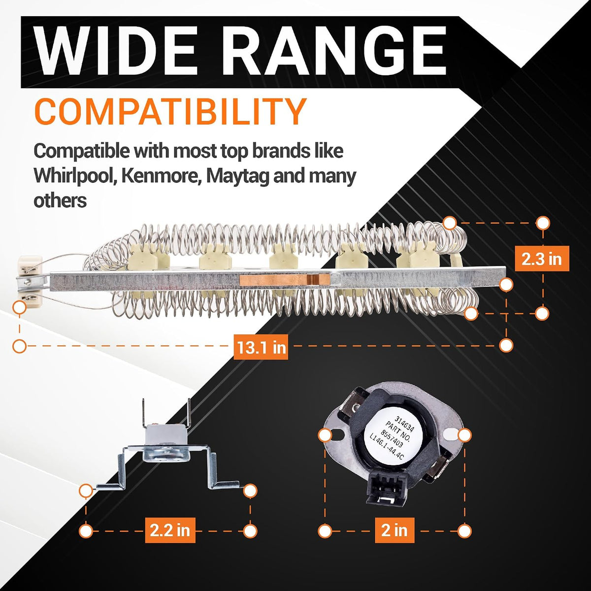 3387747 Dryer Heating Element and 280148 Thermal Cut-Off, dimensions diagram: element 13.1 x 2.3 in; bracket 2.2 in; cut-off