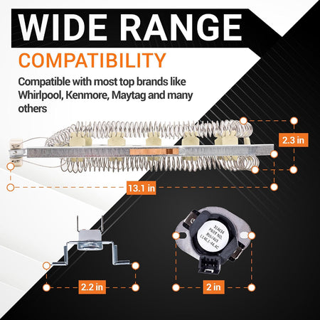 3387747 Dryer Heating Element and 280148 Thermal Cut-Off, dimensions diagram: element 13.1 x 2.3 in; bracket 2.2 in; cut-off