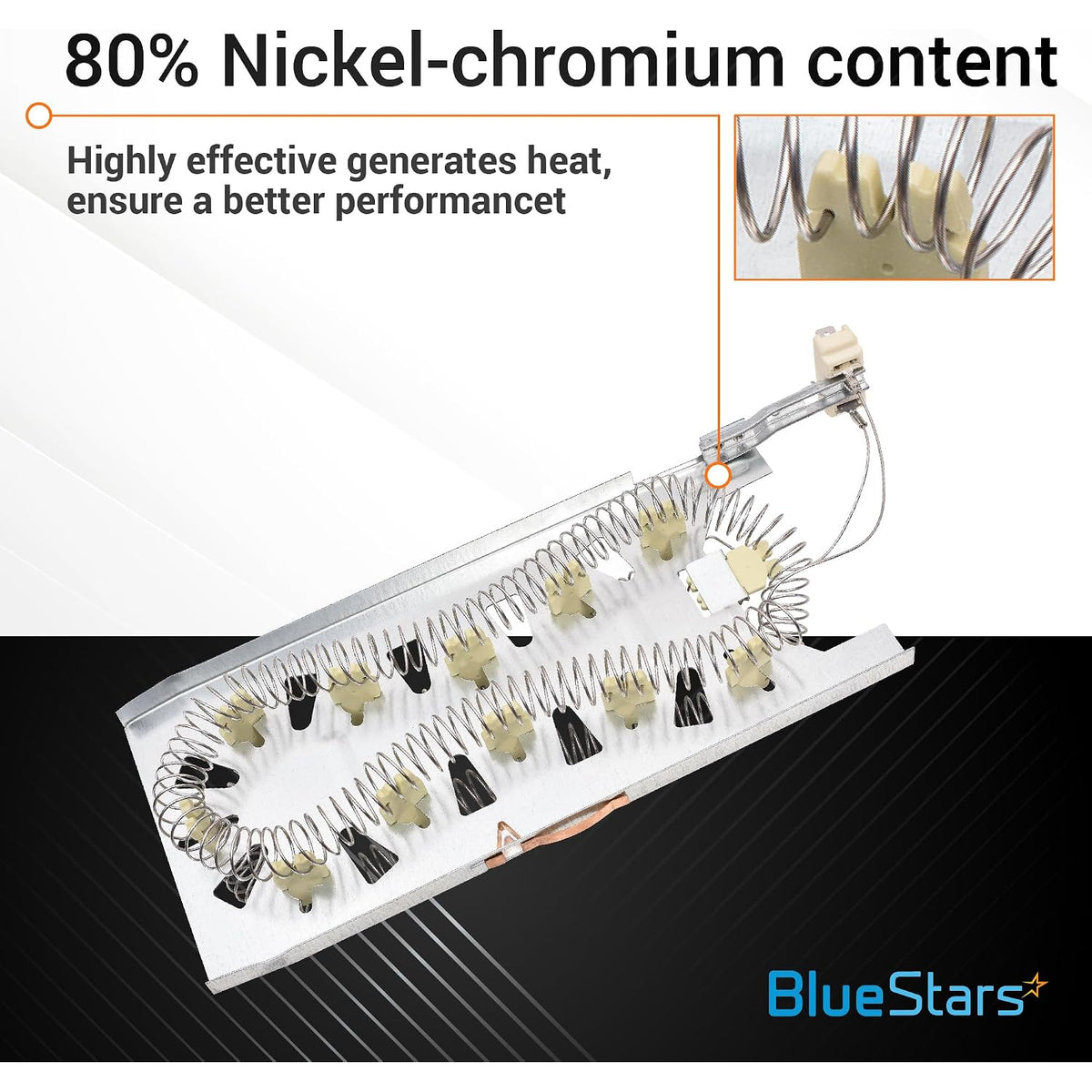 3387747 Dryer Heating Element and 280148 Thermal Cut-Off, product view with coil close-up and 80% nickel-chromium text