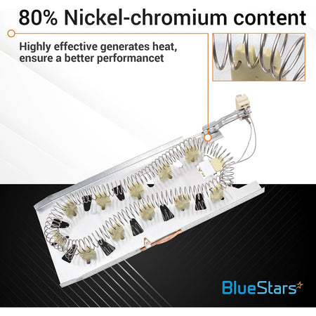 3387747 Dryer Heating Element and 280148 Thermal Cut-Off, product view with coil close-up and 80% nickel-chromium text