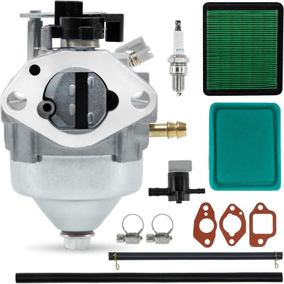 GCV170 carburetor kit with air filter, spark plug, fuel line, and gaskets for Honda lawn mower engines.