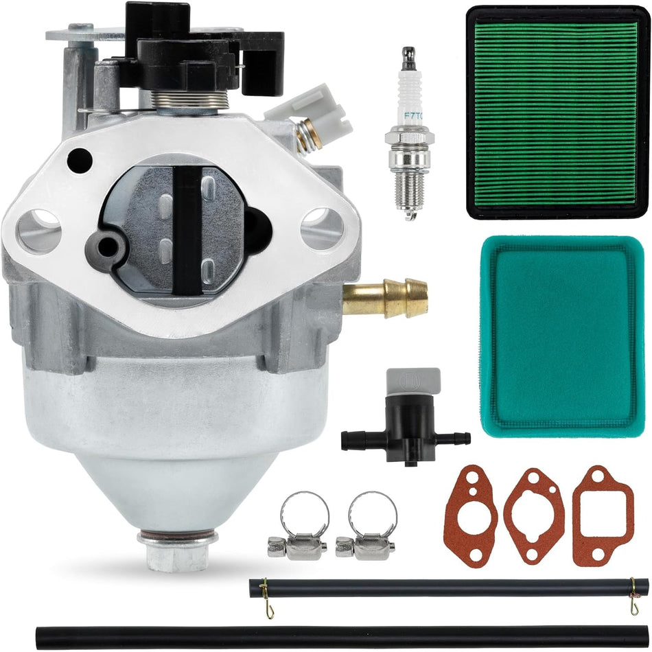 GCV170 carburetor kit with air filter, spark plug, fuel line, and gaskets for Honda lawn mower engines.