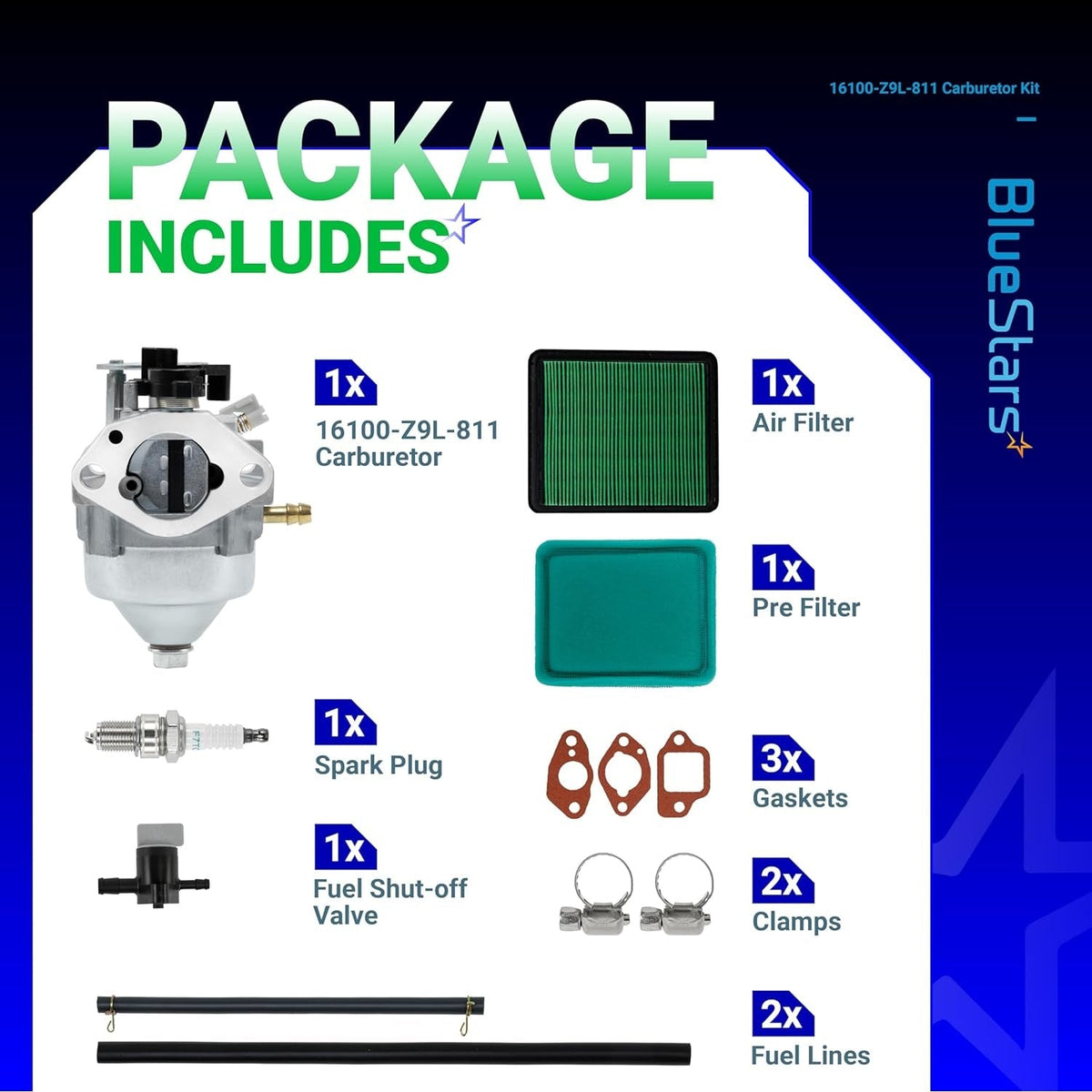 BlueStars GCV170 carburetor maintenance kit including carburetor, air filter, spark plug, gaskets, and fuel lines.