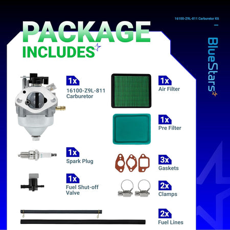 BlueStars GCV170 carburetor maintenance kit including carburetor, air filter, spark plug, gaskets, and fuel lines.