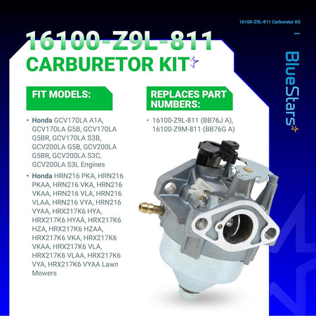 Replacement carburetor for Honda GCV170 and GCV200 lawn mower engines, part number 16100-Z9L-811.