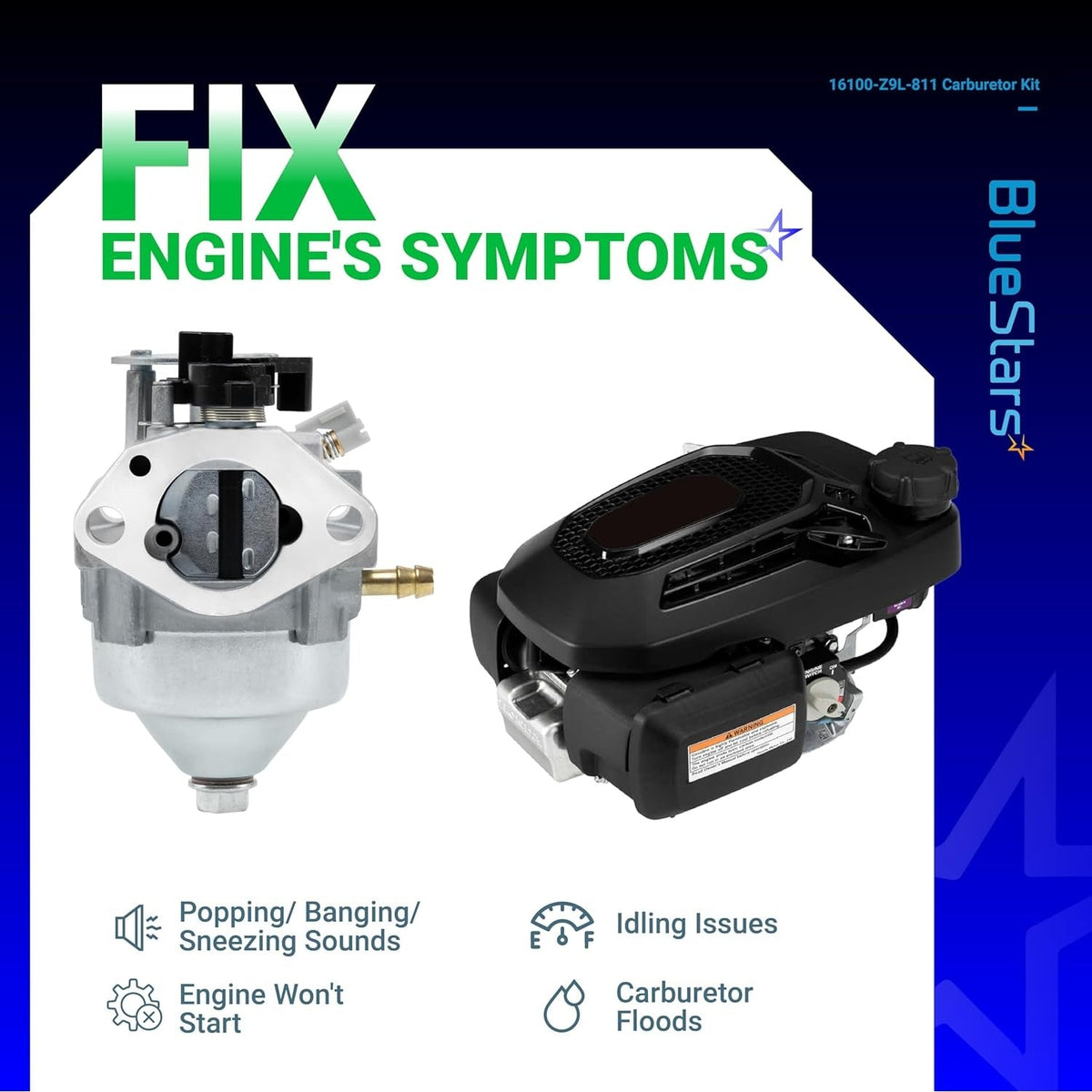 GCV170 carburetor 16100-Z9L-811 shown with compatible Honda lawn mower engine and list of common engine symptoms.
