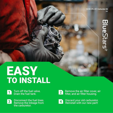 Mechanic holding a GCV170 carburetor with easy installation instructions for Honda lawn mower engines.