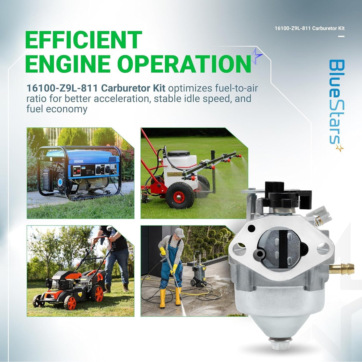 16100-Z9L-811 carburetor replacement for Honda GCV170 and GCV200 engines shown with application examples.