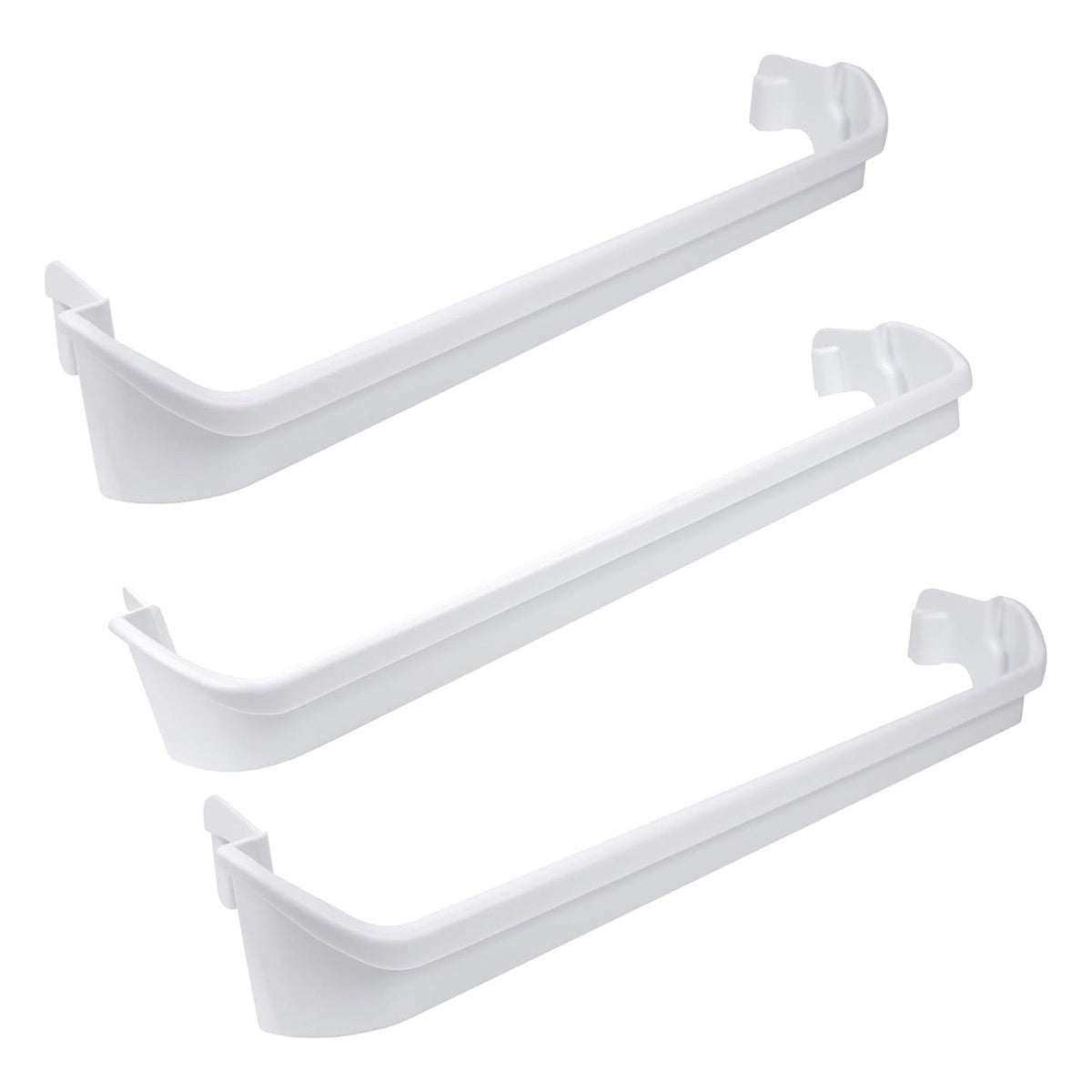 Set of three white refrigerator door shelf rack bar rails for Frigidaire and Kenmore models.