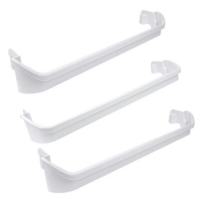 Set of three white refrigerator door shelf rack bar rails for Frigidaire and Kenmore models.