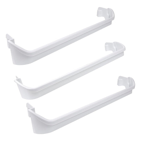 Set of three white refrigerator door shelf rack bar rails for Frigidaire and Kenmore models.