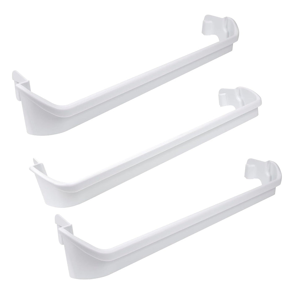 Set of three white refrigerator door shelf rack bar rails for Frigidaire and Kenmore models.