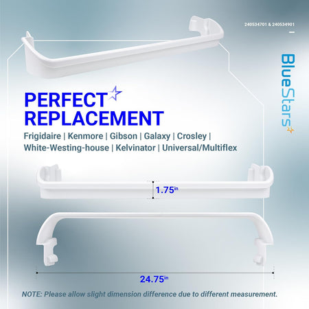 White refrigerator door shelf rack bar rail for Frigidaire and Kenmore, showing 1.75-inch height and 24.75-inch width.