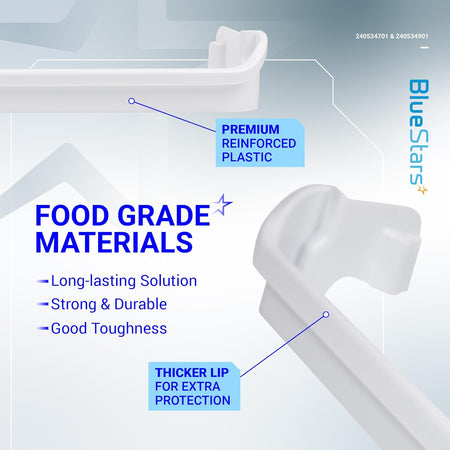 Close-up of reinforced plastic refrigerator door shelf rack bars for Frigidaire and Kenmore models.
