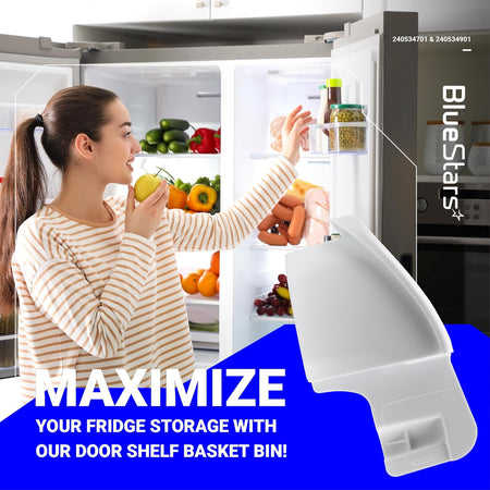 White refrigerator door shelf bin replacement for Frigidaire and Kenmore models shown in a lifestyle graphic.