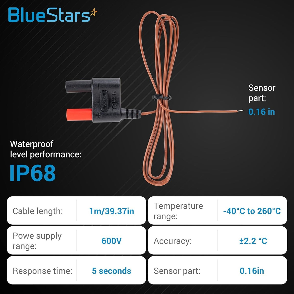 80BK-A Type K thermocouple bead probe with technical specifications chart showing IP68 waterproof rating and dimensions.