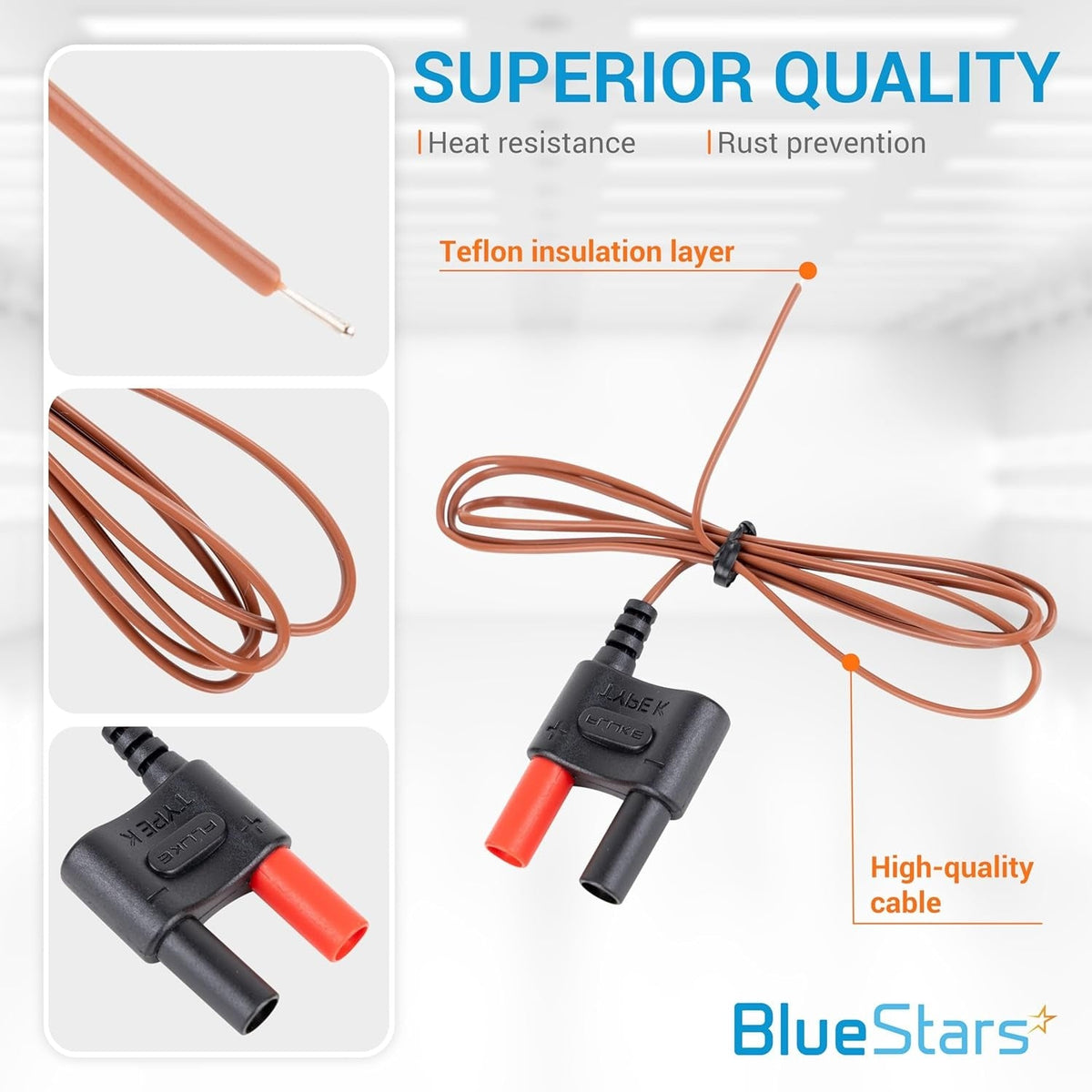 80BK-A Type K thermocouple temperature bead probe with Teflon insulated cable and connector details.