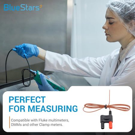 Technician using a Type K thermocouple temperature bead probe with a digital multimeter for temperature measurement.