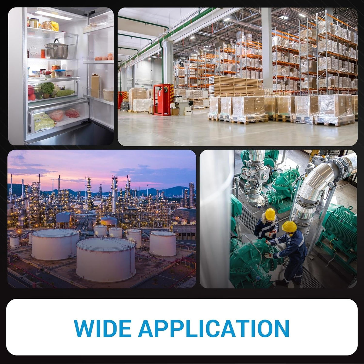 Collage showing industrial, warehouse, and refrigeration environments for 80BK-A Type K thermocouple bead probe usage.