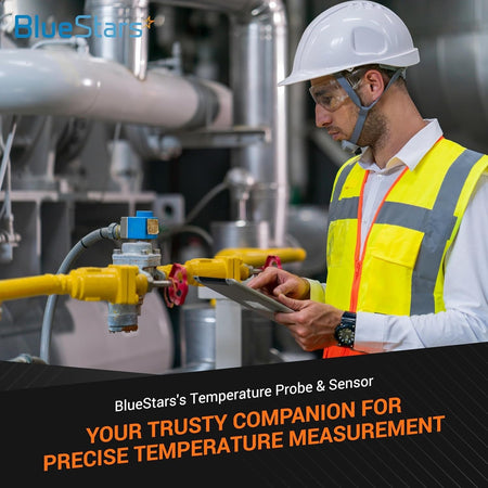 Technician using a tablet to monitor industrial equipment with a Type K thermocouple temperature bead probe.