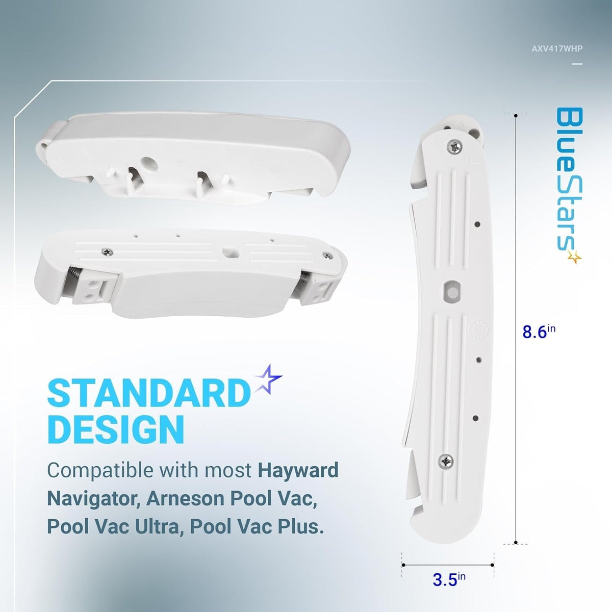 AXV417WHP pool cleaner pod swing kit showing dimensions and compatibility for Hayward Navigator and Pool Vac cleaners.