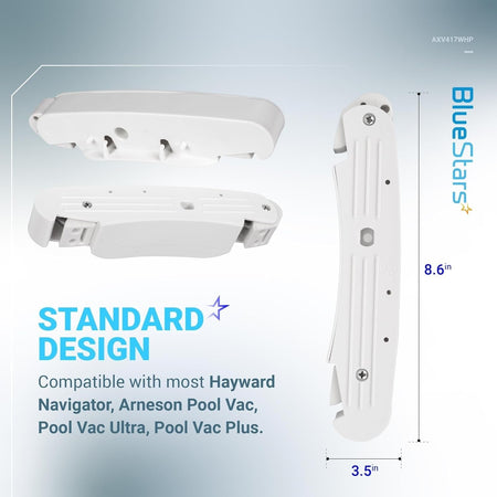 AXV417WHP pool cleaner pod swing kit showing dimensions and compatibility for Hayward Navigator and Pool Vac cleaners.