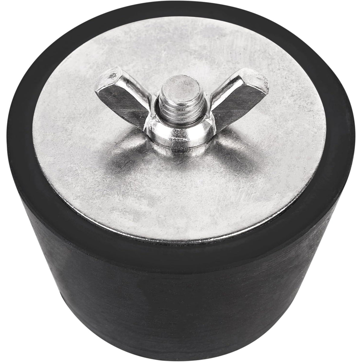 Close-up of a 2-inch to 2.5-inch rubber pool winterizing expansion plug with a stainless steel wing nut.