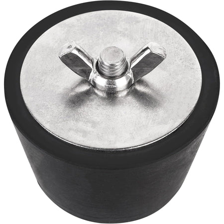 Close-up of a 2-inch to 2.5-inch rubber pool winterizing expansion plug with a stainless steel wing nut.