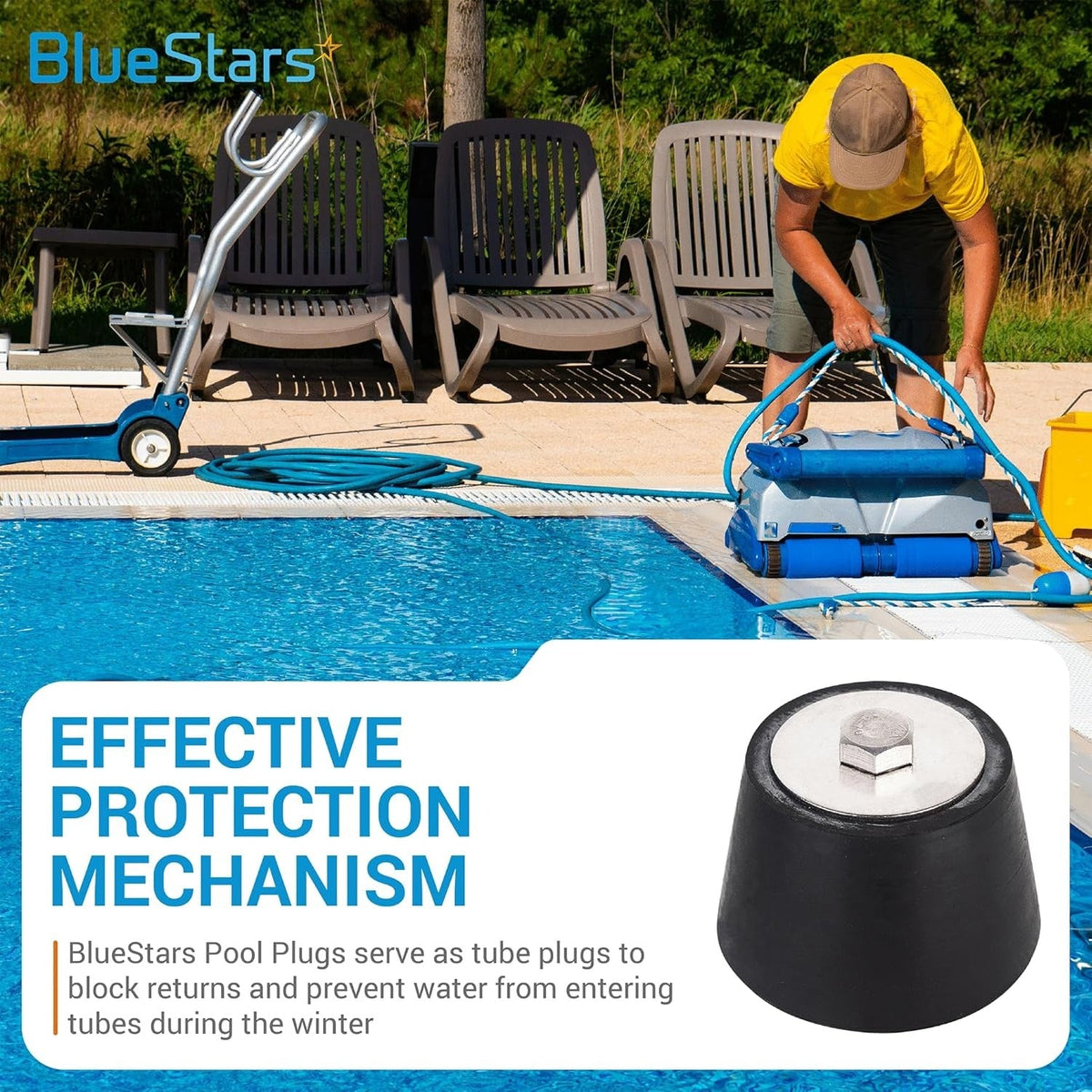 Close-up of a black rubber 2" to 2.5" pool winterizing plug with a metal bolt top.