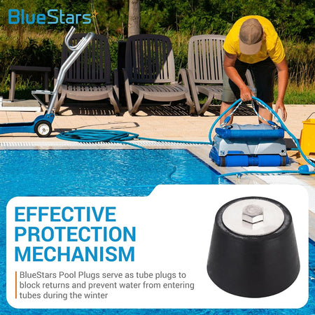Close-up of a black rubber 2" to 2.5" pool winterizing plug with a metal bolt top.