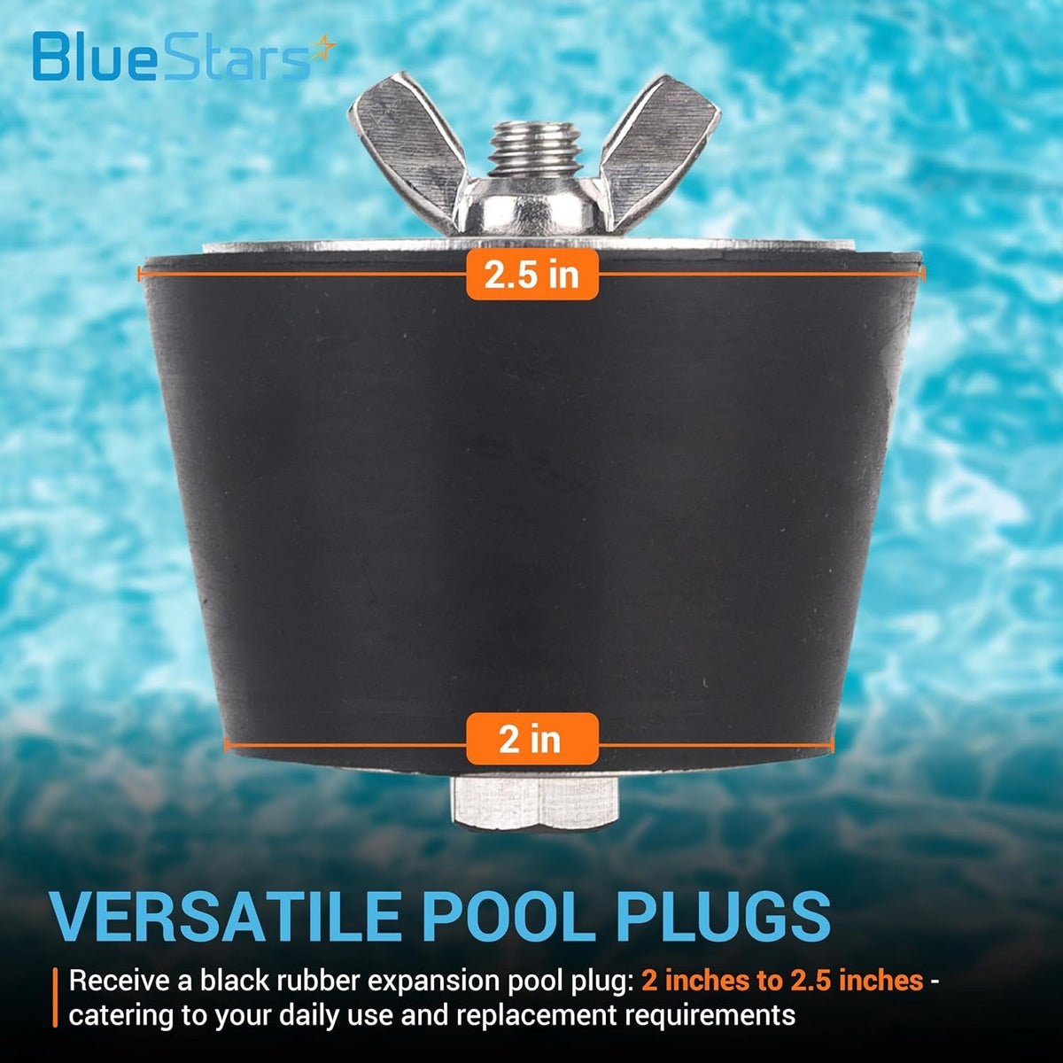Black rubber pool winterizing expansion plug with wing nut, labeled for 2-inch to 2.5-inch pipe compatibility.