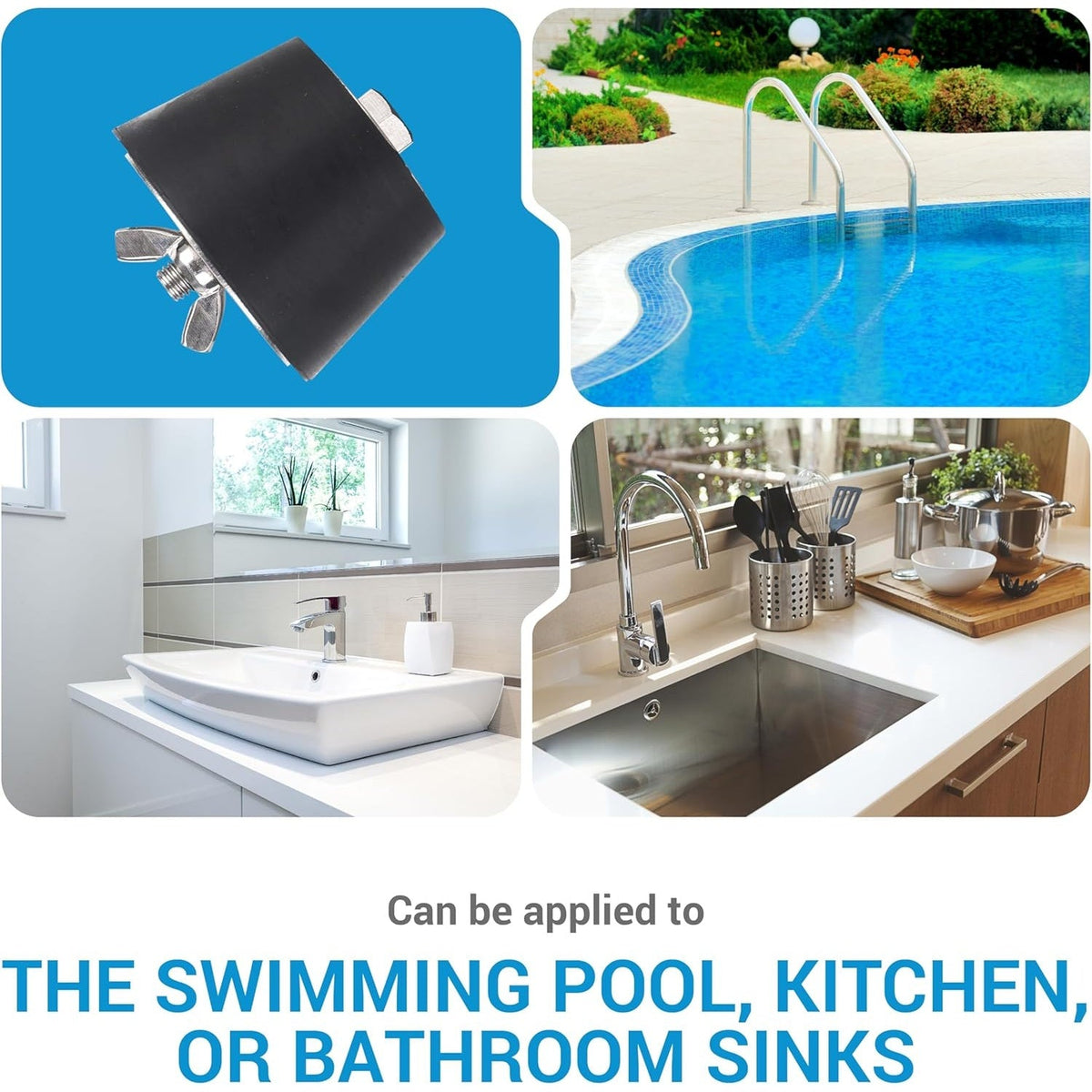 Collage showing a 2" to 2.5" pool winterizing plug with application examples for swimming pools and household sinks.