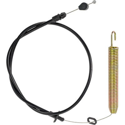 Replacement deck clutch cable with tension spring for Craftsman, Husqvarna, and Poulan riding lawn mowers.