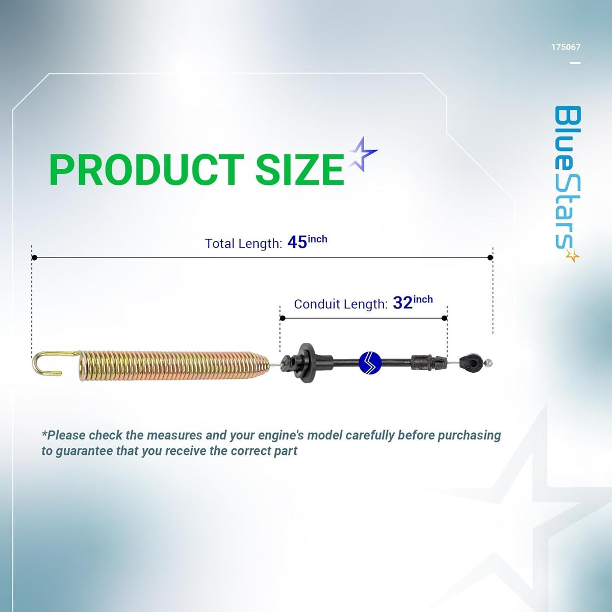 Deck clutch cable size diagram showing 45-inch total length and 32-inch conduit length for riding lawn mowers.