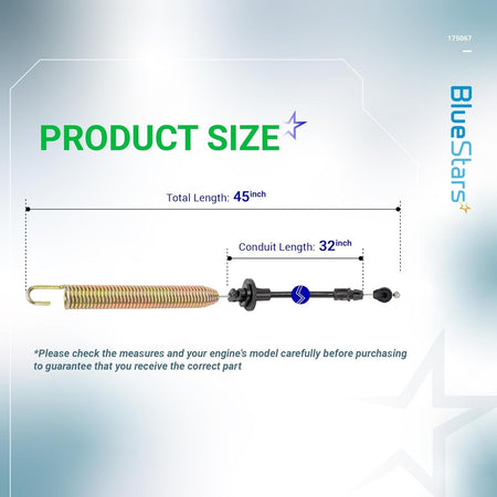 Deck clutch cable size diagram showing 45-inch total length and 32-inch conduit length for riding lawn mowers.