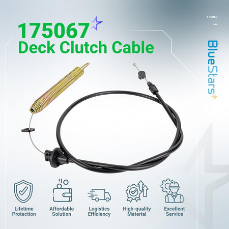 Replacement deck clutch cable for Craftsman and Husqvarna riding lawn mowers with attached tension spring.