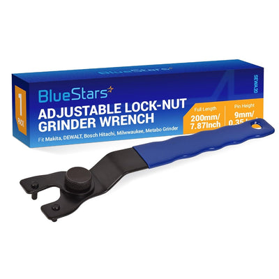 SEWA20 adjustable grinder wrench with blue handle and black metal head in front of its product packaging box.