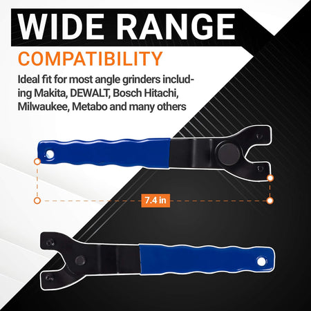 SEWA20 grinder wrench showing 7.4-inch length and universal compatibility for angle grinders.