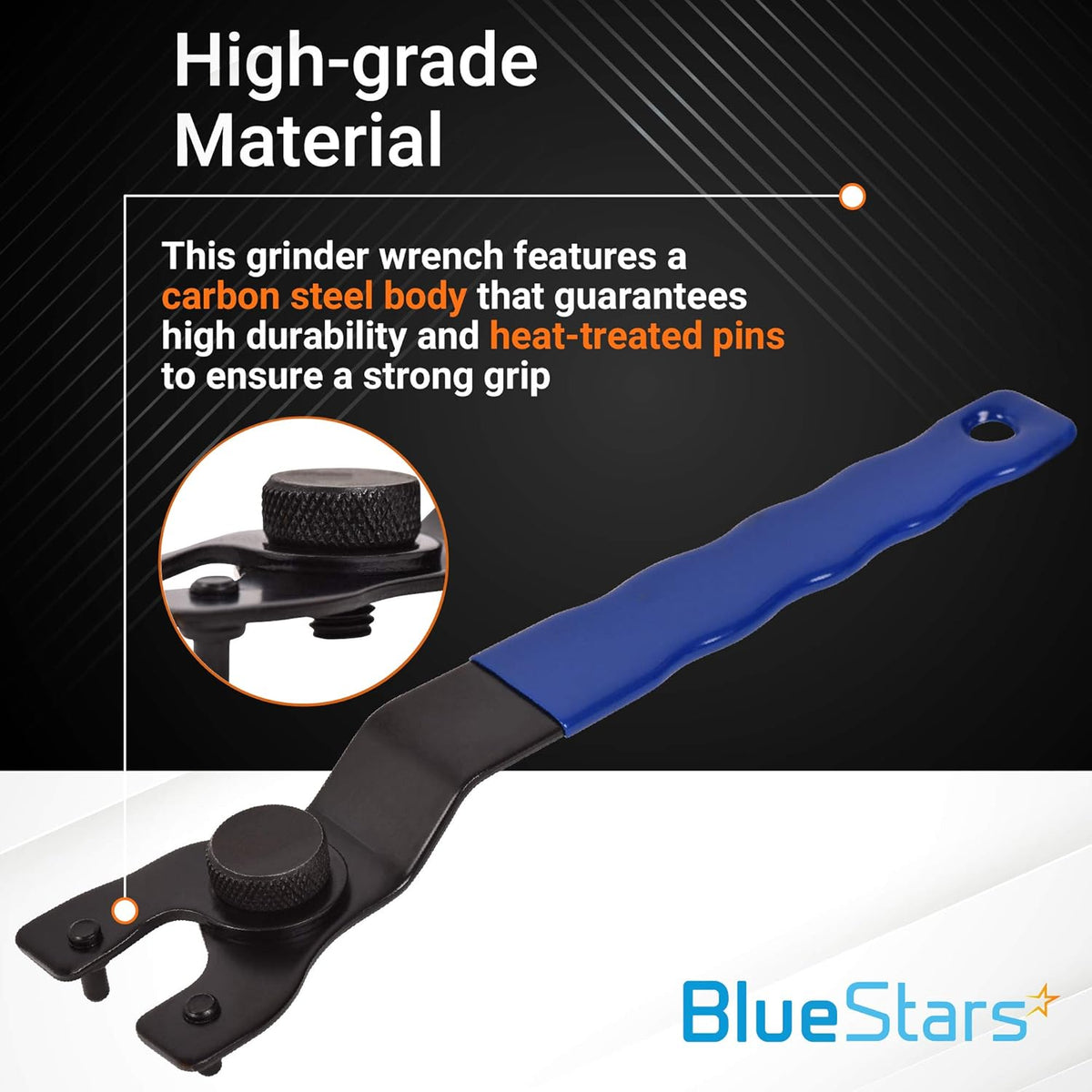 SEWA20 grinder wrench with carbon steel body and heat-treated pins, featuring a blue ergonomic handle.