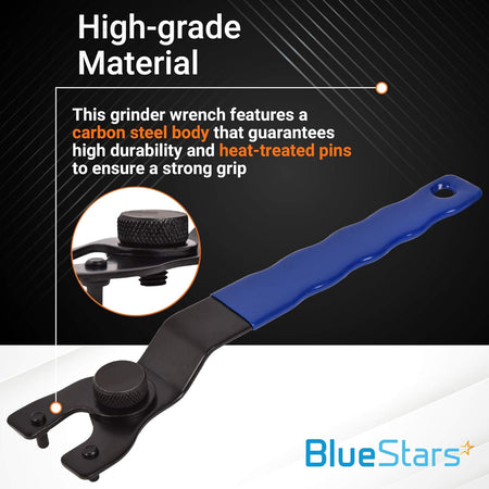 SEWA20 grinder wrench with carbon steel body and heat-treated pins, featuring a blue ergonomic handle.