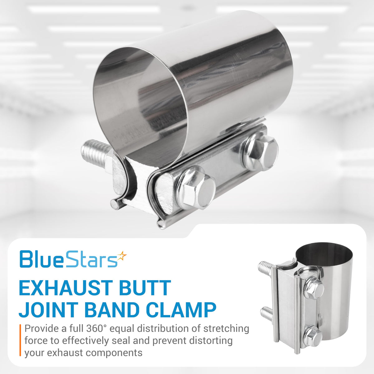 Single 2-inch stainless steel exhaust butt joint band clamp with bolt hardware.