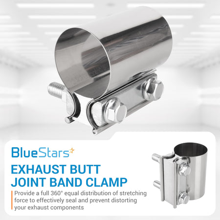 Single 2-inch stainless steel exhaust butt joint band clamp with bolt hardware.