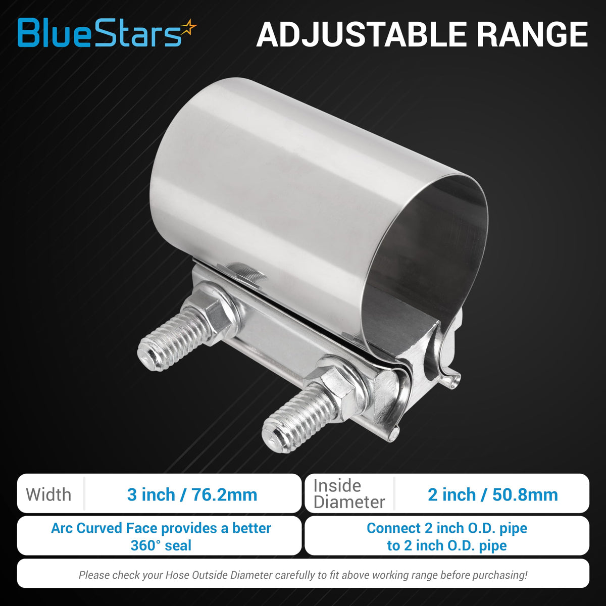 Single 2-inch stainless steel butt joint exhaust band clamp with adjustable bolt hardware.