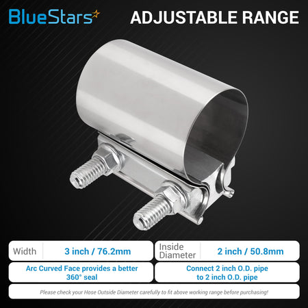 Single 2-inch stainless steel butt joint exhaust band clamp with adjustable bolt hardware.