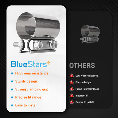 Single 2-inch stainless steel butt joint exhaust band clamp with bolt hardware.
