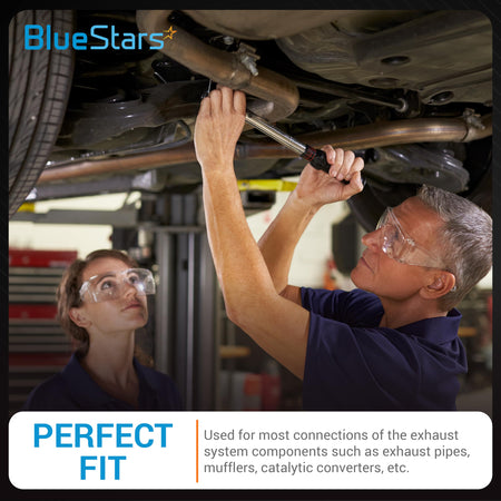 Mechanic installing a 2-inch exhaust butt joint band clamp on a vehicle undercarriage.