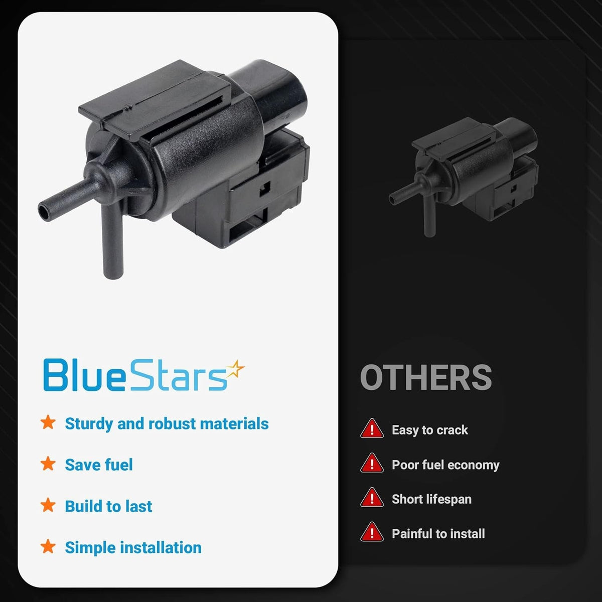 Comparison chart showing BlueStars EGR vacuum solenoid switch valve versus generic alternatives.