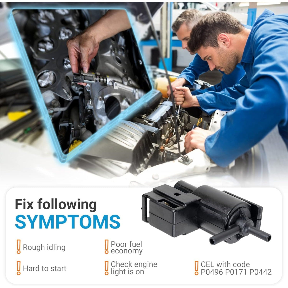 Exhaust gas recirculation vacuum solenoid switch valve with symptoms list and mechanic installation graphic.