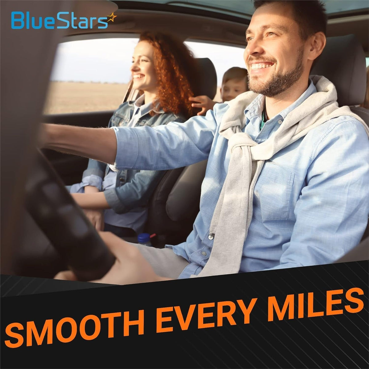 Happy family driving in a car with BlueStars branding and Smooth Every Miles text overlay.